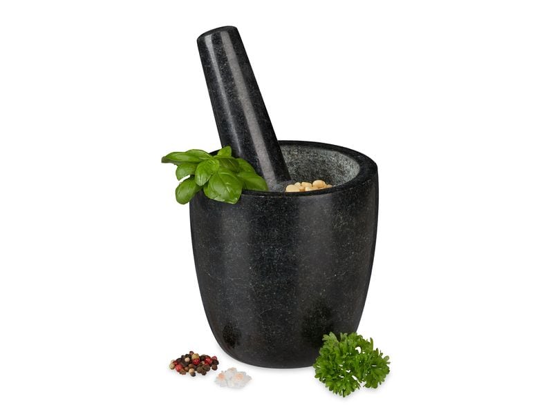 relaxdays Mörser mit Stössel 13 cm, Granit Küchenmörser und Stössel aus Granit