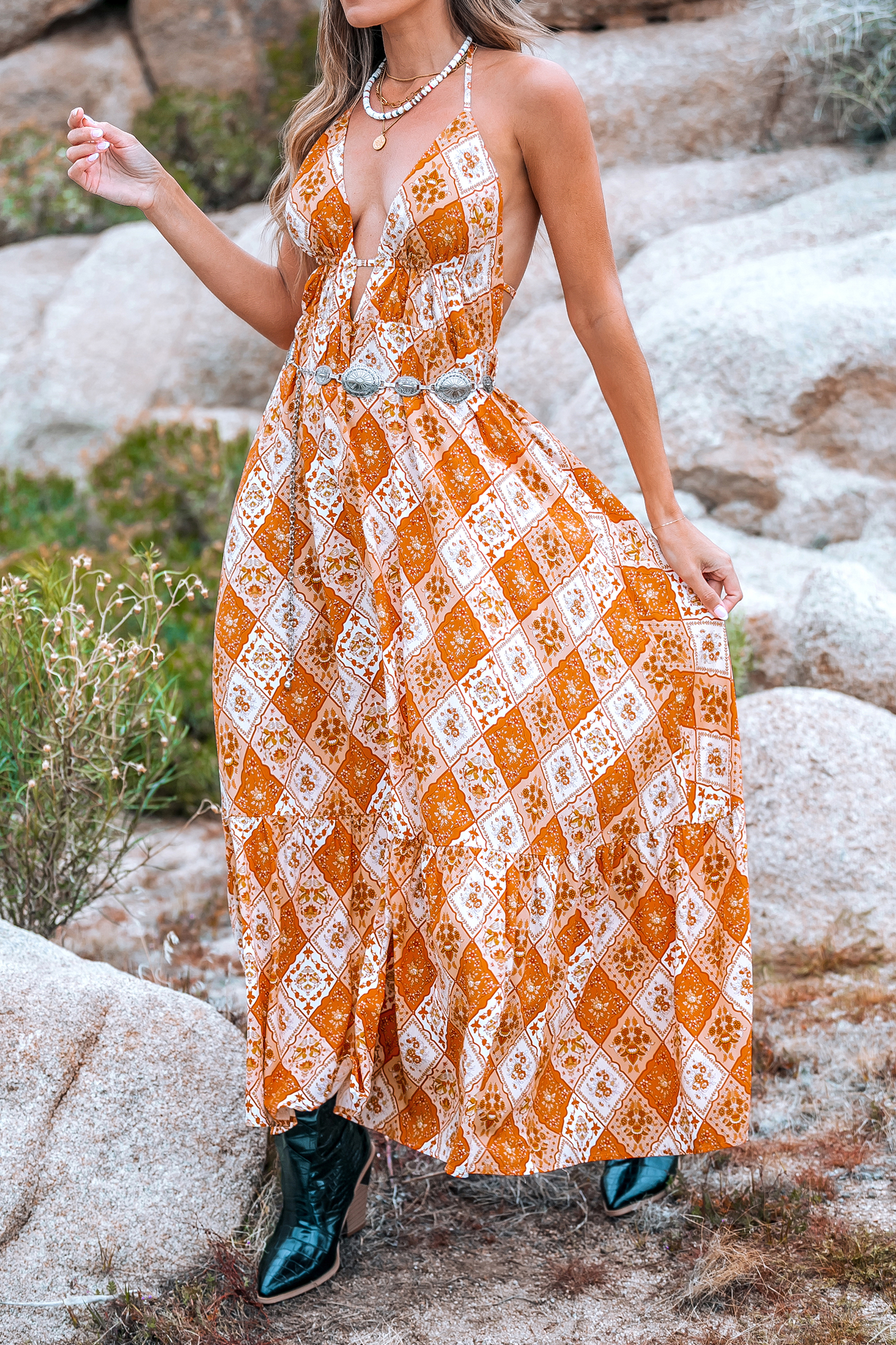 Robe maxi sans manches à col plongeant boho orange brûlé