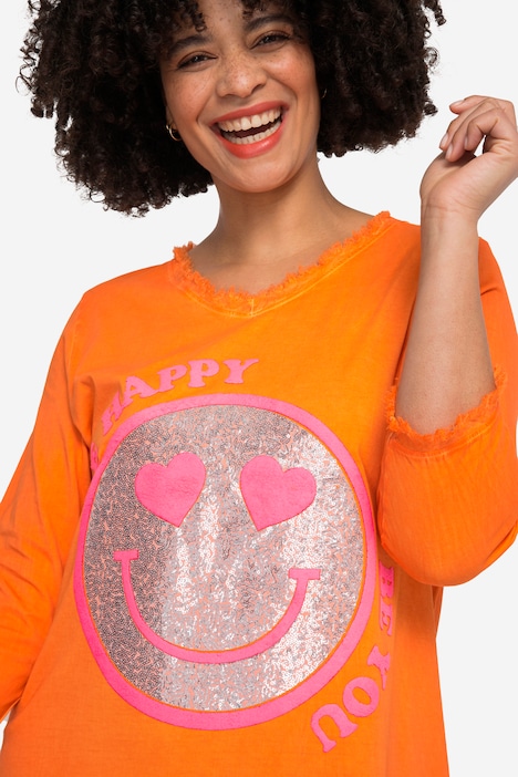 T-Shirt, A-Linie, Pailletten-Smiley, V-Ausschnitt, 3/4-Ärmel