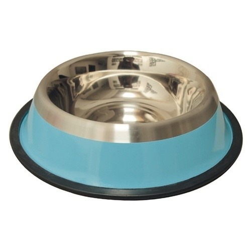 Comedouro para cães antiderrapante em aço inoxidável com listra azul.