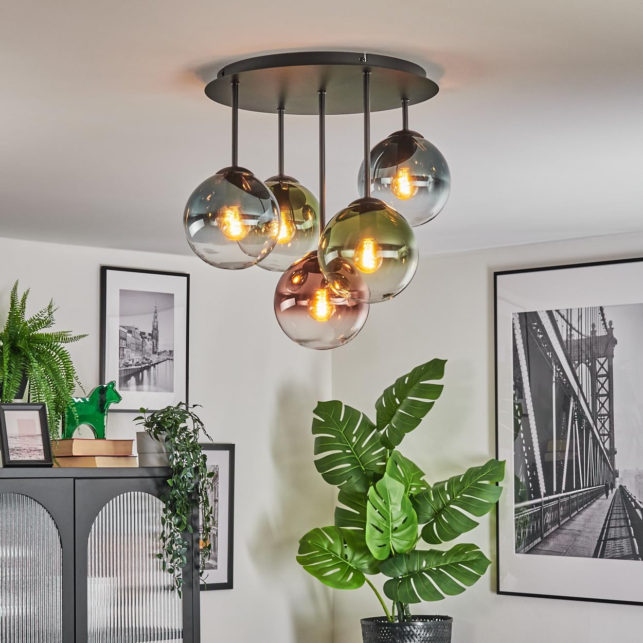 HOFSTEIN Deckenleuchte Gastor, 5-flammige Deckenlampe aus Metall/Glas in Schwarz/Blau/Grün/Kupfer/Klar, Leuchte im Retro/Vintage-Design (Schirme Ø 15 cm), E14, Esszimmer, Wohnzimmer, Schlafzimmer
