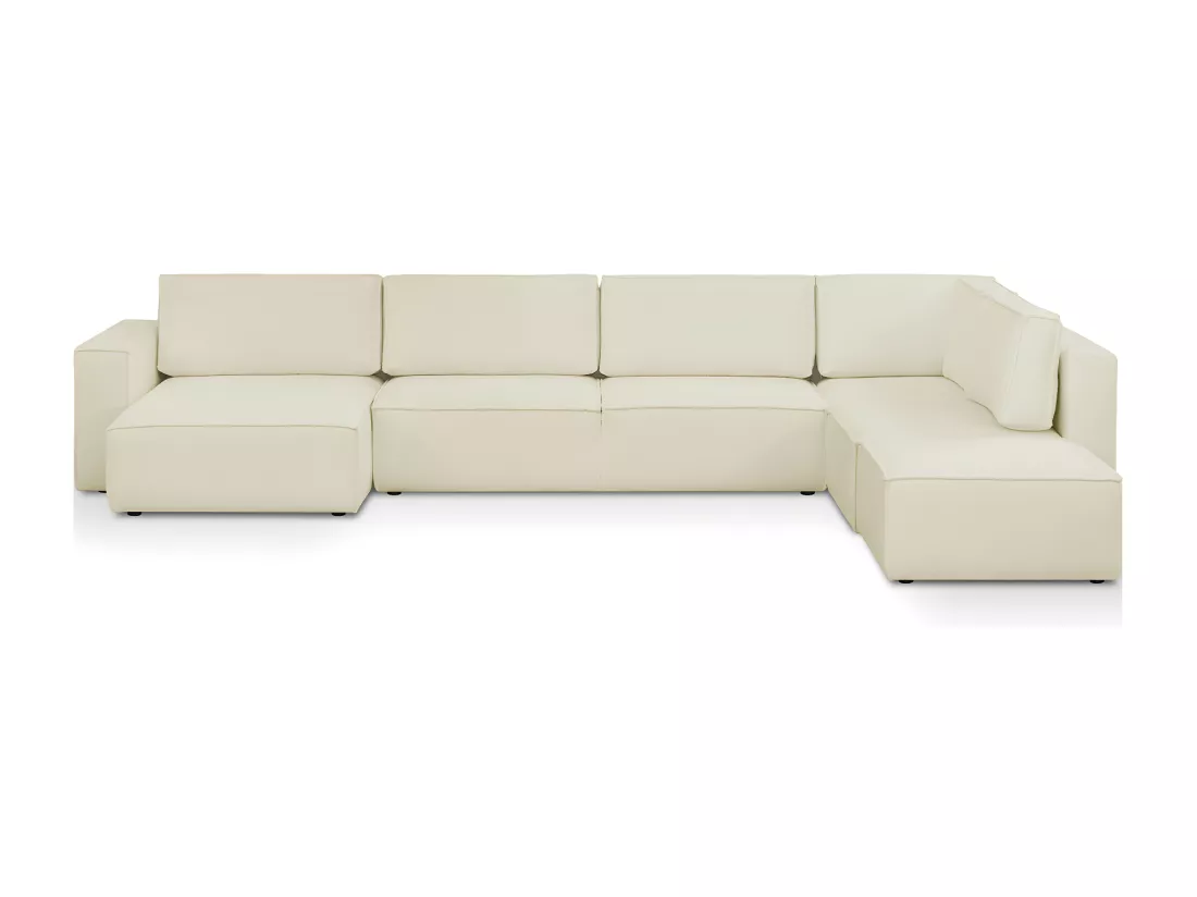 Canapé d'angle à droite panoramique convertible modulable 8 places avec pouf en tissu bouclé écru - Harper Mod