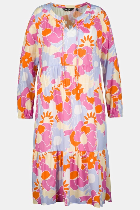 Midikleid, Vintage-Blüten, Tunika-Ausschnitt, Langarm