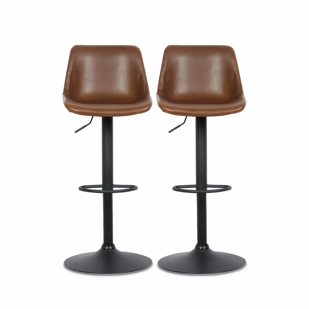 Lot de 2 tabourets de bar réglables - noah - simili cuir marron - hauteur réglable 60.5/81.5cm. Repose-pieds