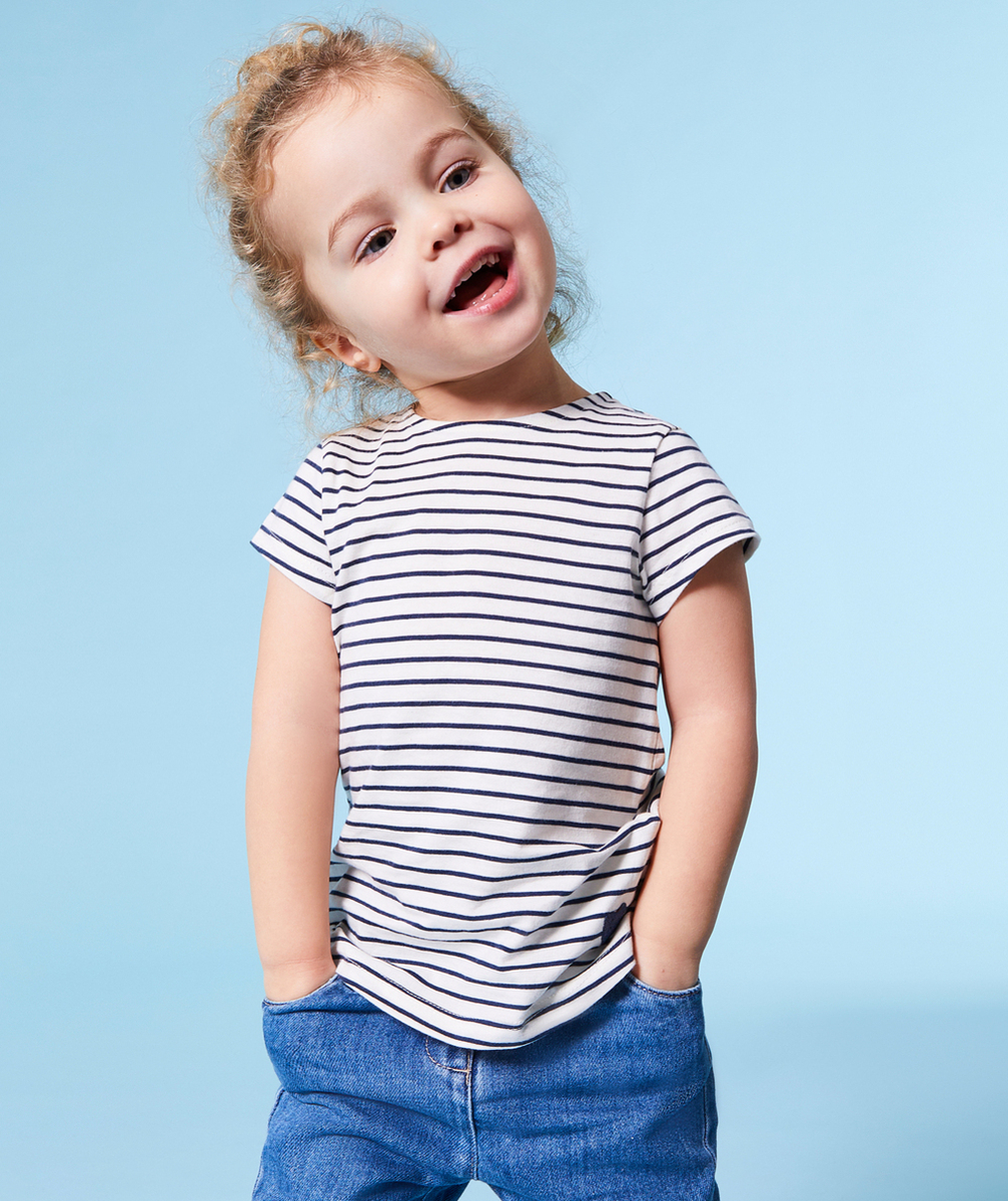 T-SHIRT BÉBÉ FILLE EN COTON BIO RAYÉ BLEU MARINE ET ÉCRU