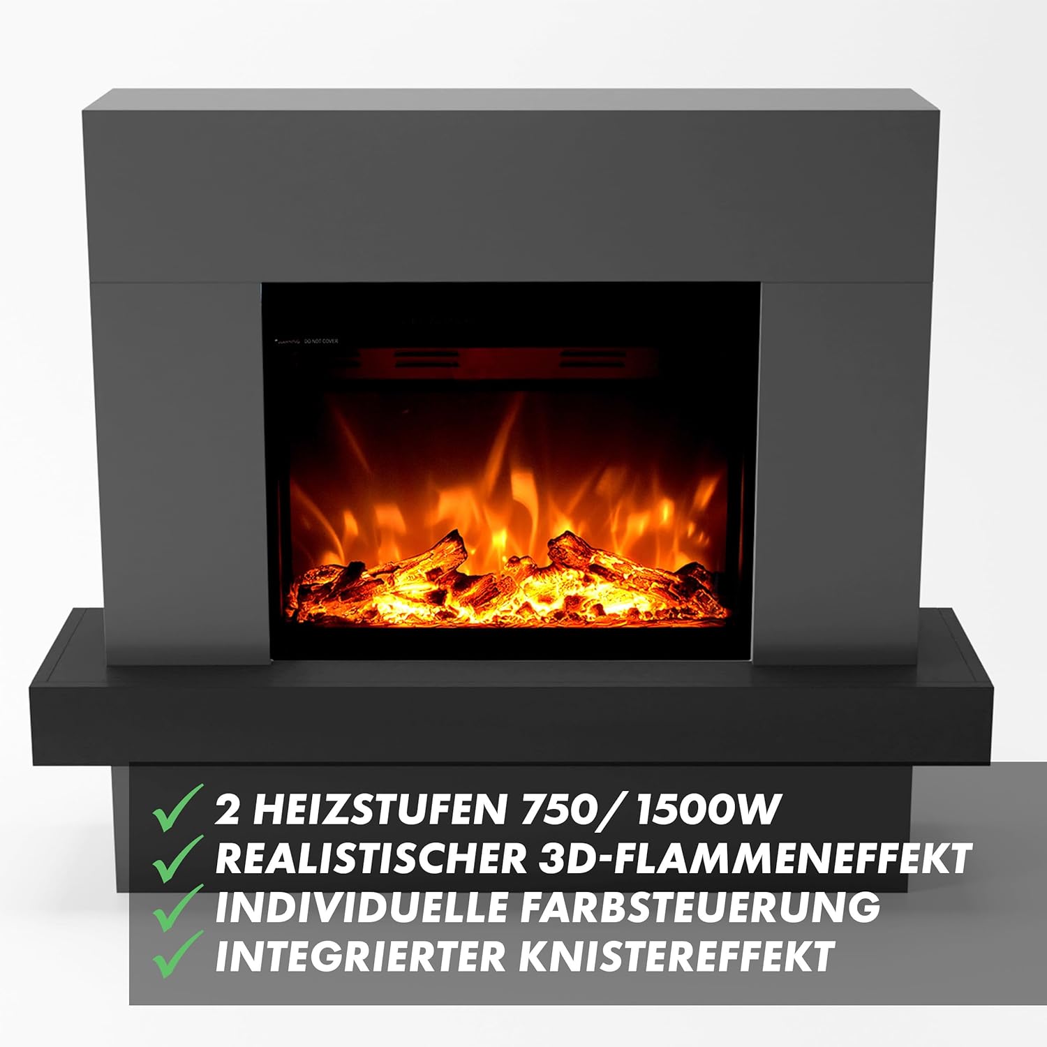 GLOW FIRE Elektrokamin mit Heizung und Kaminfeuer (Standkamin Pandora) - elektrischer Kamin mit LED-Feuer in 3 Farben, Heizlüfter, Holz-Deko & Fernbedienung, 114x97x32 cm, Grau