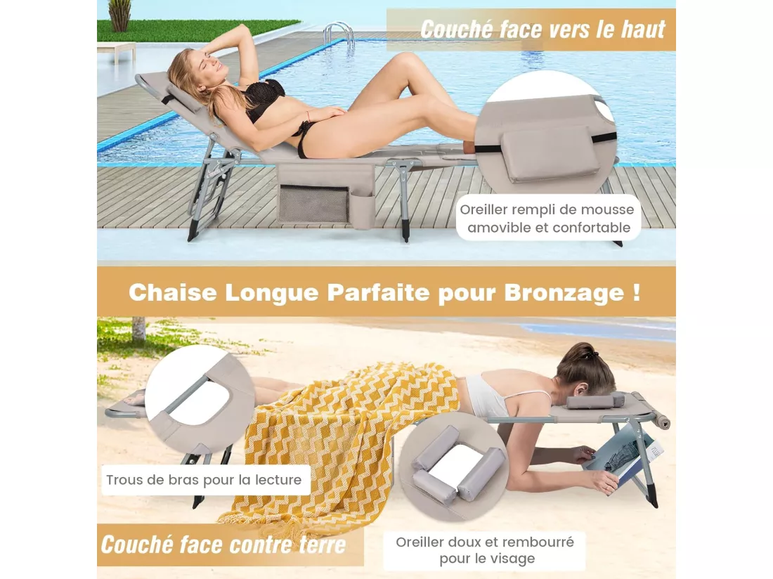 Bain de Soleil en Aluminium avec Dossier Réglable, Chaise Longue Pliante avec Oreiller Amovible et Trou pour Le Visage, Transat avec Poche Latérale, pour Jardin, Plage, Charge 180 KG (Beige)