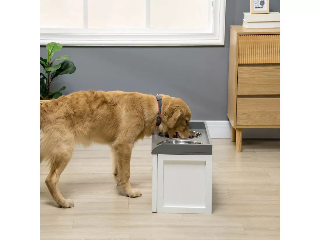Gamelle double chien chat - porte-gamelles surélevé rangement 2 en 1 - tiroir, 2 gamelles - acier inox. MDF blanc gris