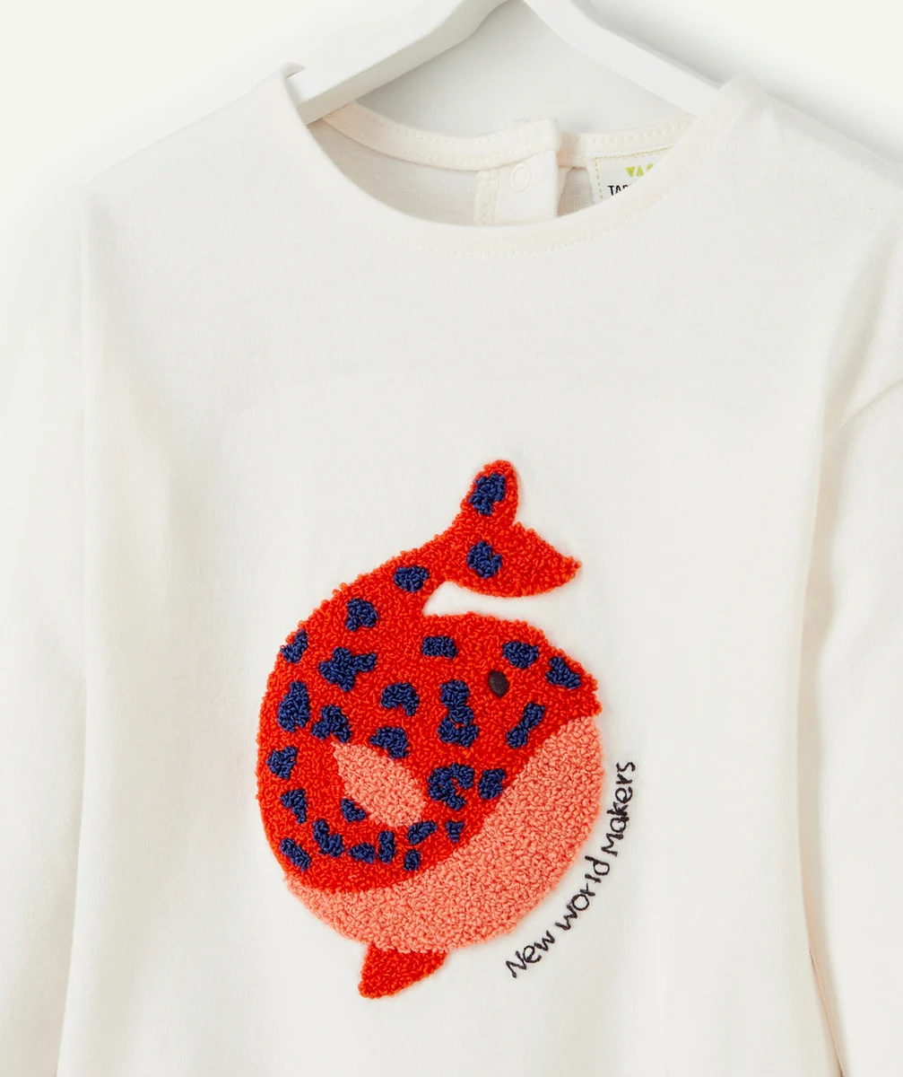 T-SHIRT BÉBÉ FILLE EN COTON BIO ÉCRU AVEC BALEINE EN BOUCLETTE