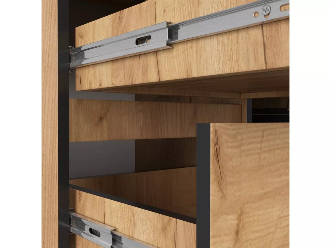 Grand bureau d'angle AKORD gauche B20 Chêne Craft 155 cm 1 porte 3 tiroirs façade Chêne Craft 4 étagères 155x85x77 cm