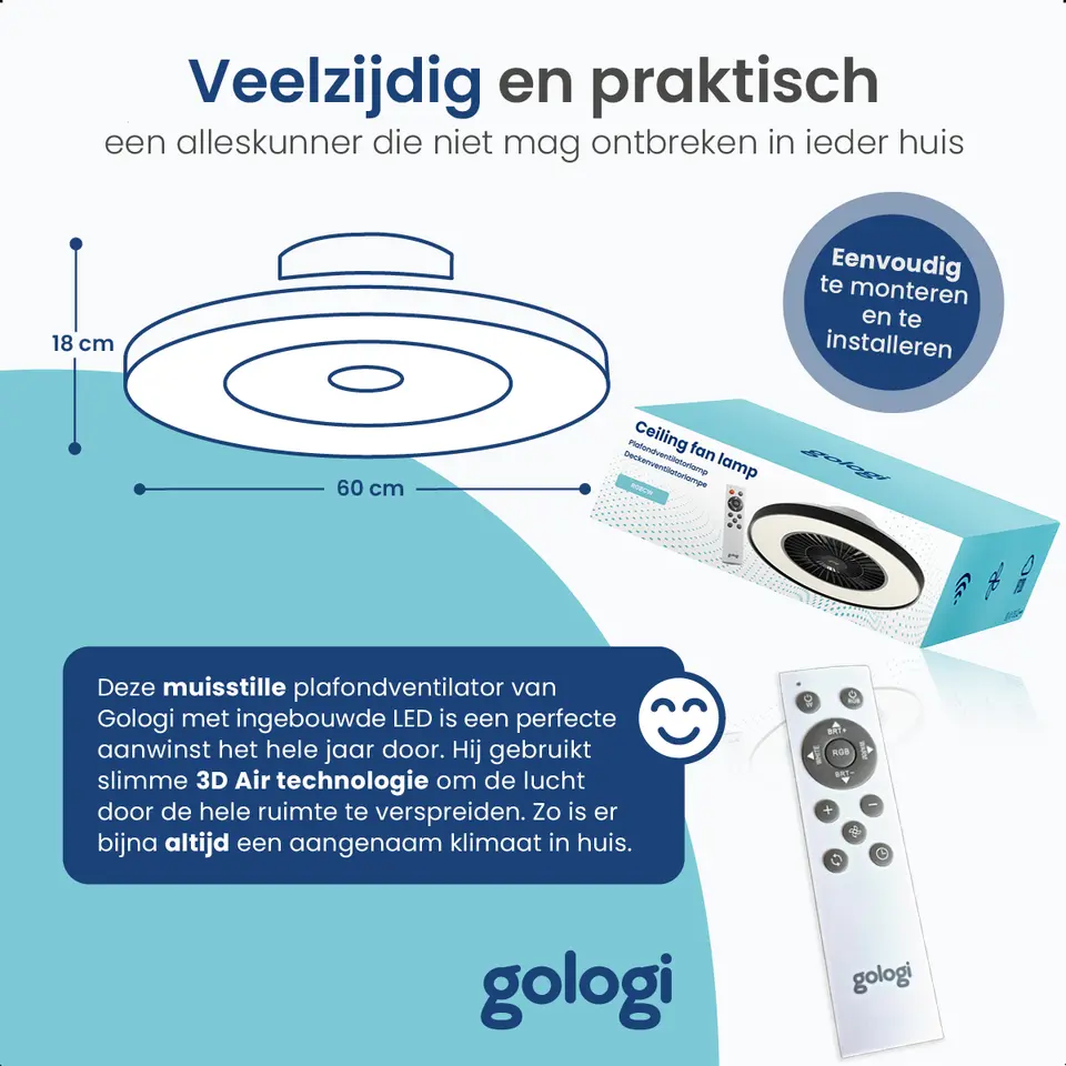 Gologi Plafondventilator met Verlichting - Ø60 cm - LED RGBW - 6 Standen