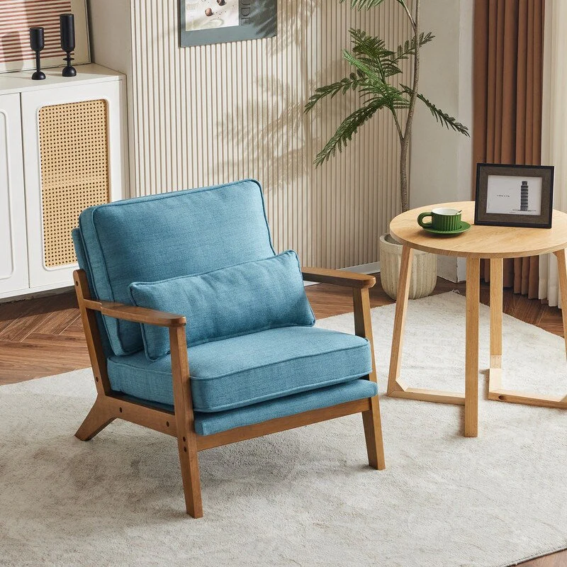 Upholstered Linen Blend Accent Chair with Wooden Legs and One Pillow Beige