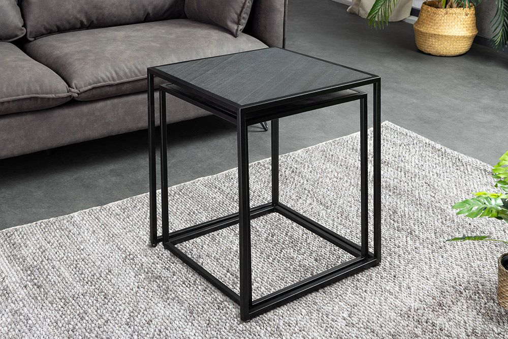 Quadratisches 2er Set Beistelltische MOUNTAIN SOUL 60cm schwarz Naturstein Metall