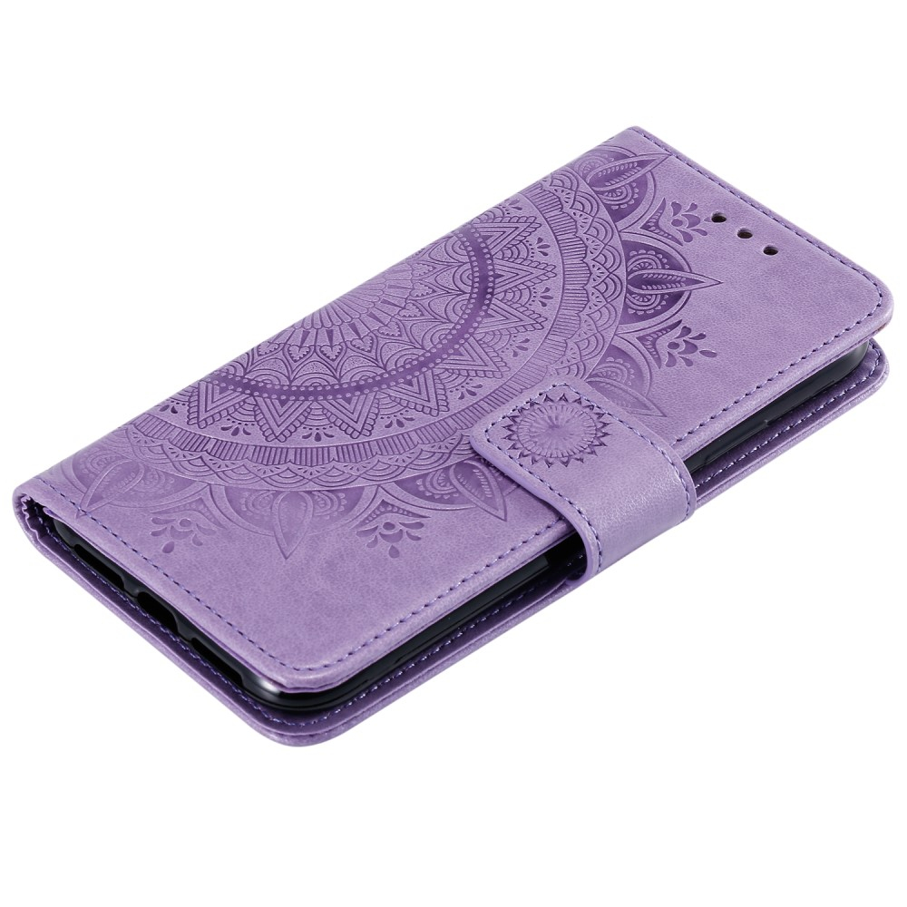iPhone 13 Pro Leder Tasche Wallet - Mandala Flowers Imprint - Lila