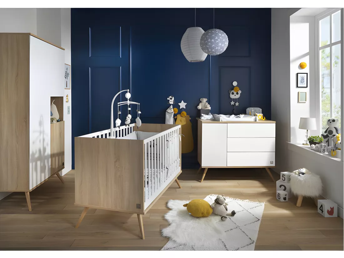 Commode 3 tiroirs 1 porte Seventies Bois et blanc