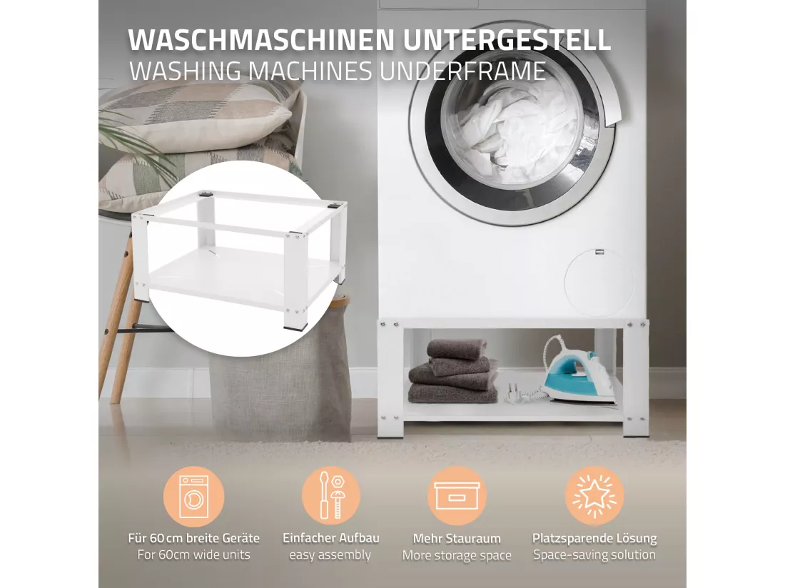 Socle pour machine à laver en acier blanc accessoire avec étagère ML-Design