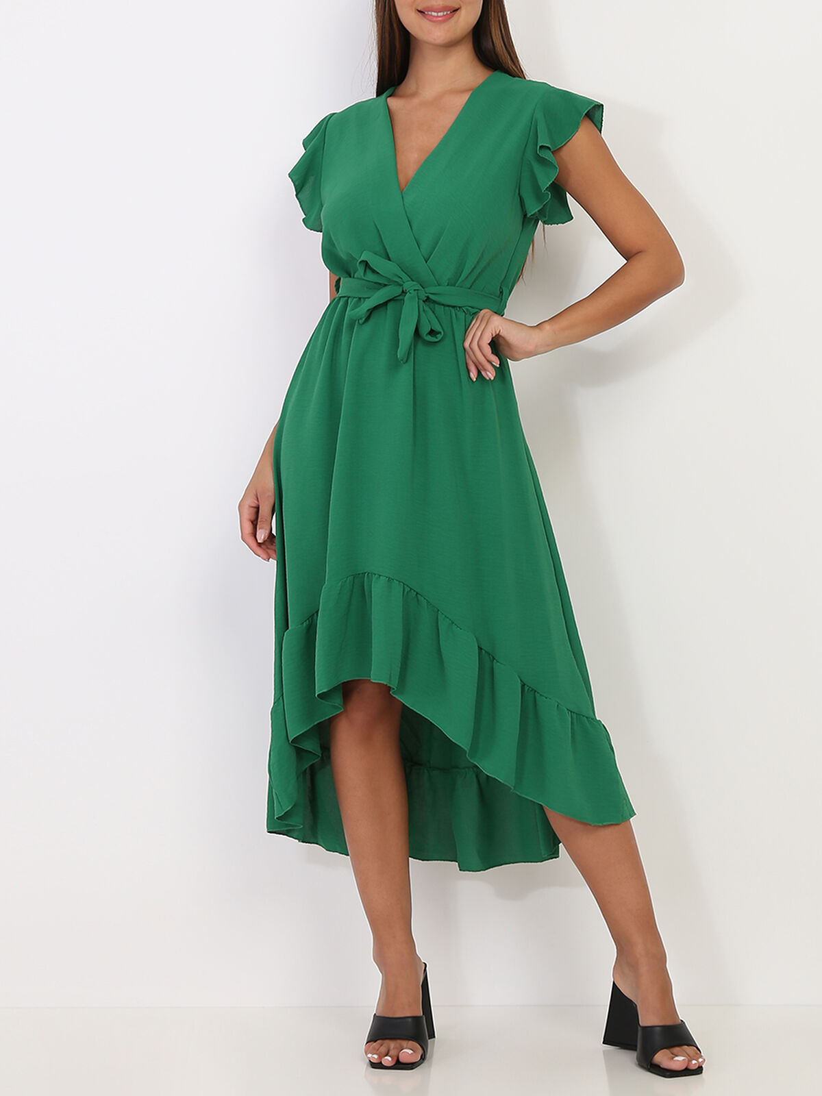 Robe mi-longue asymétrique à volants- Vert