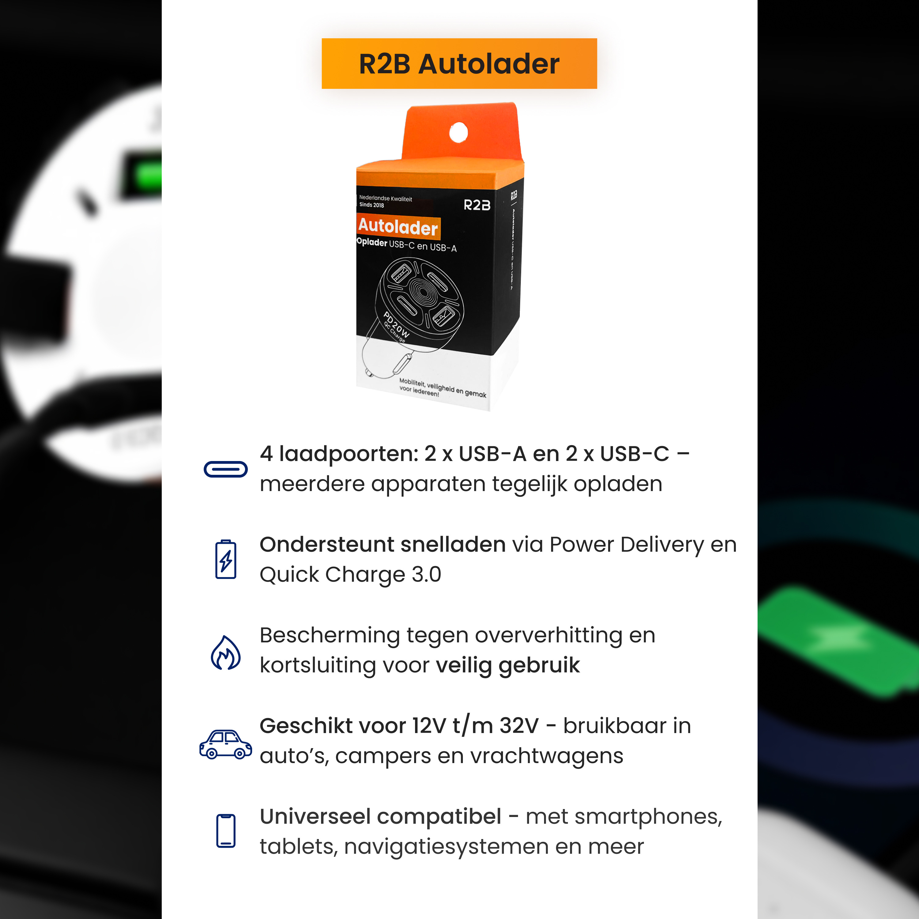 R2B 20W USB-C & USB-A autolader - White