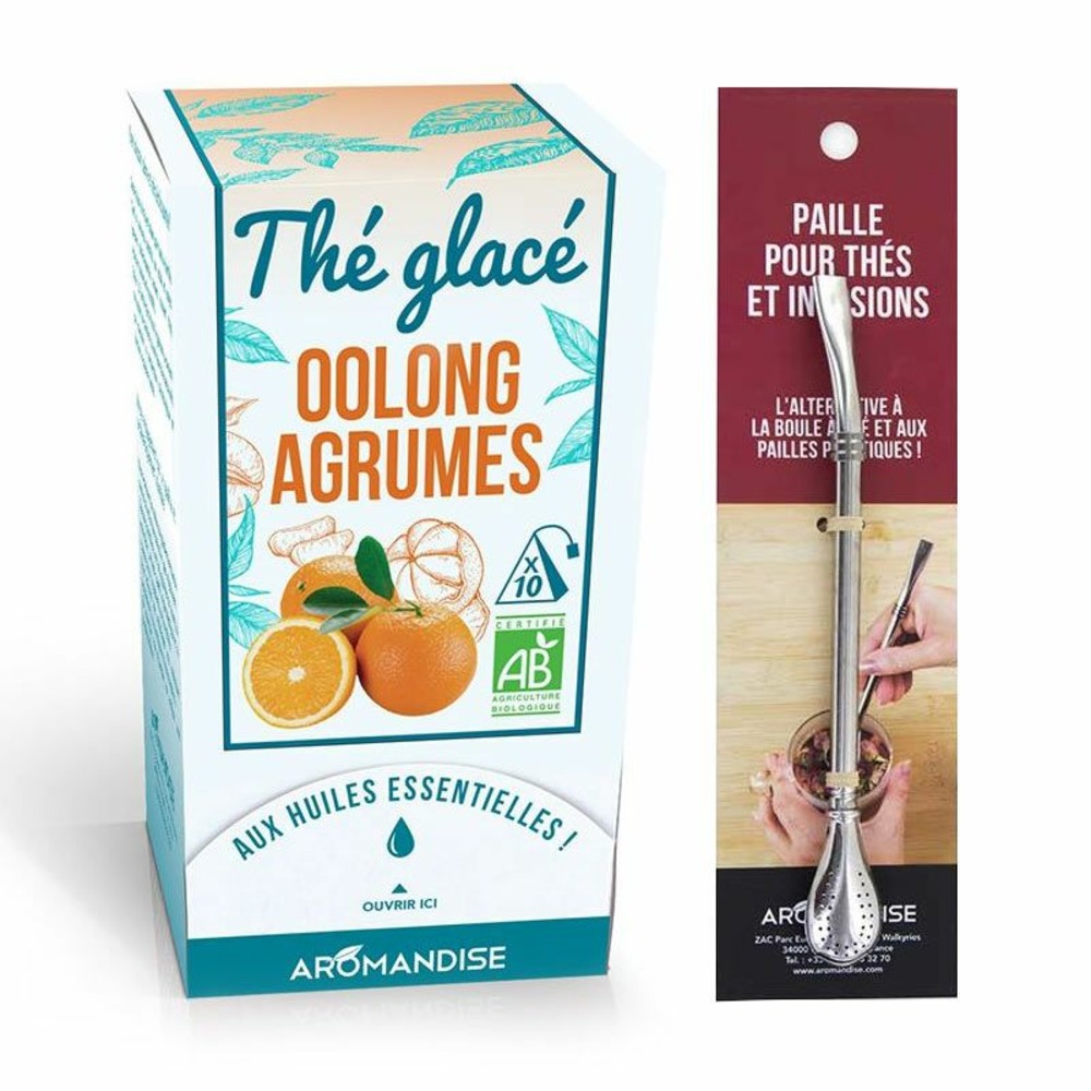 Thé glacé bio oolong agrumes + paille inox avec filtre