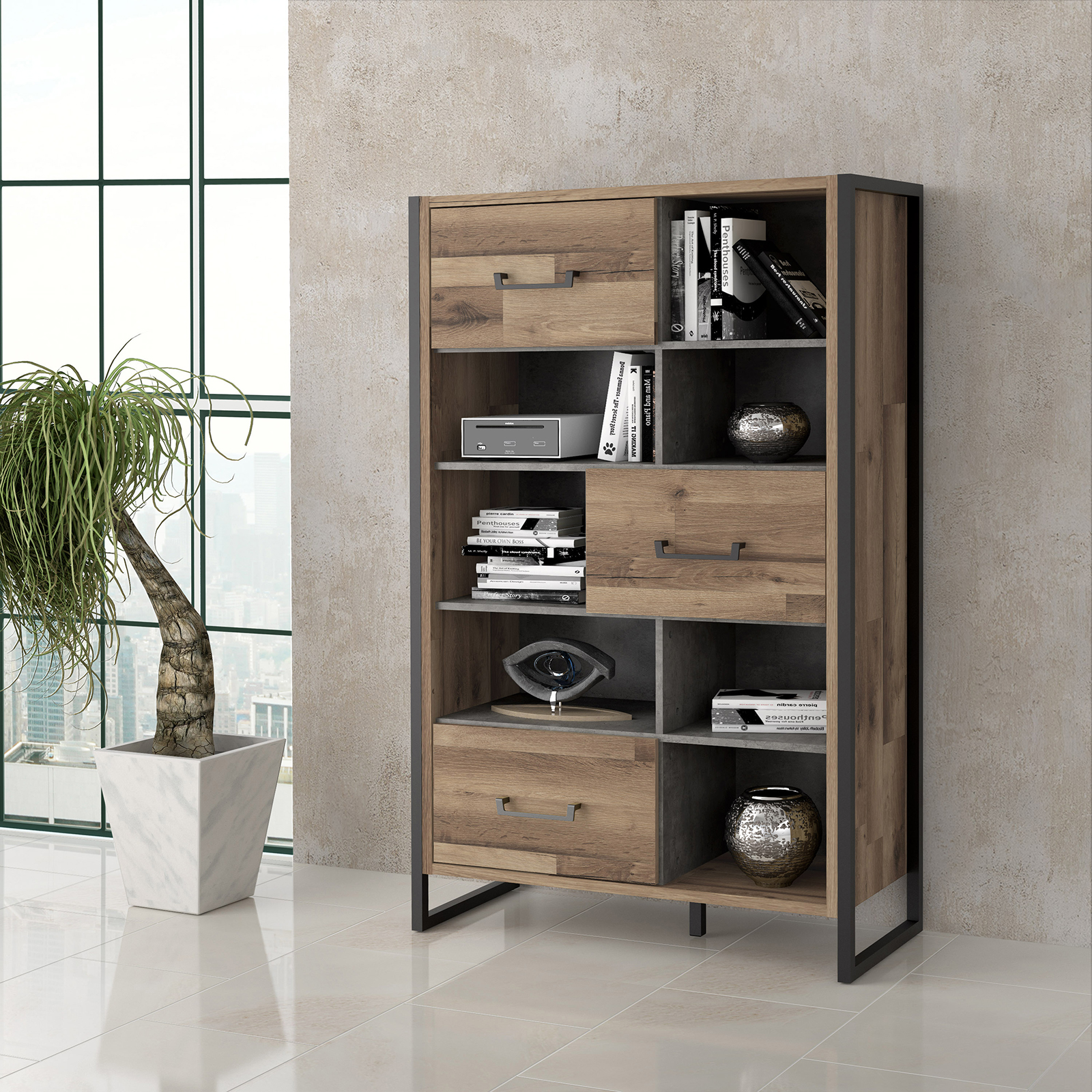 Regal - Stabeiche - Betonoptik - 94 cm breit