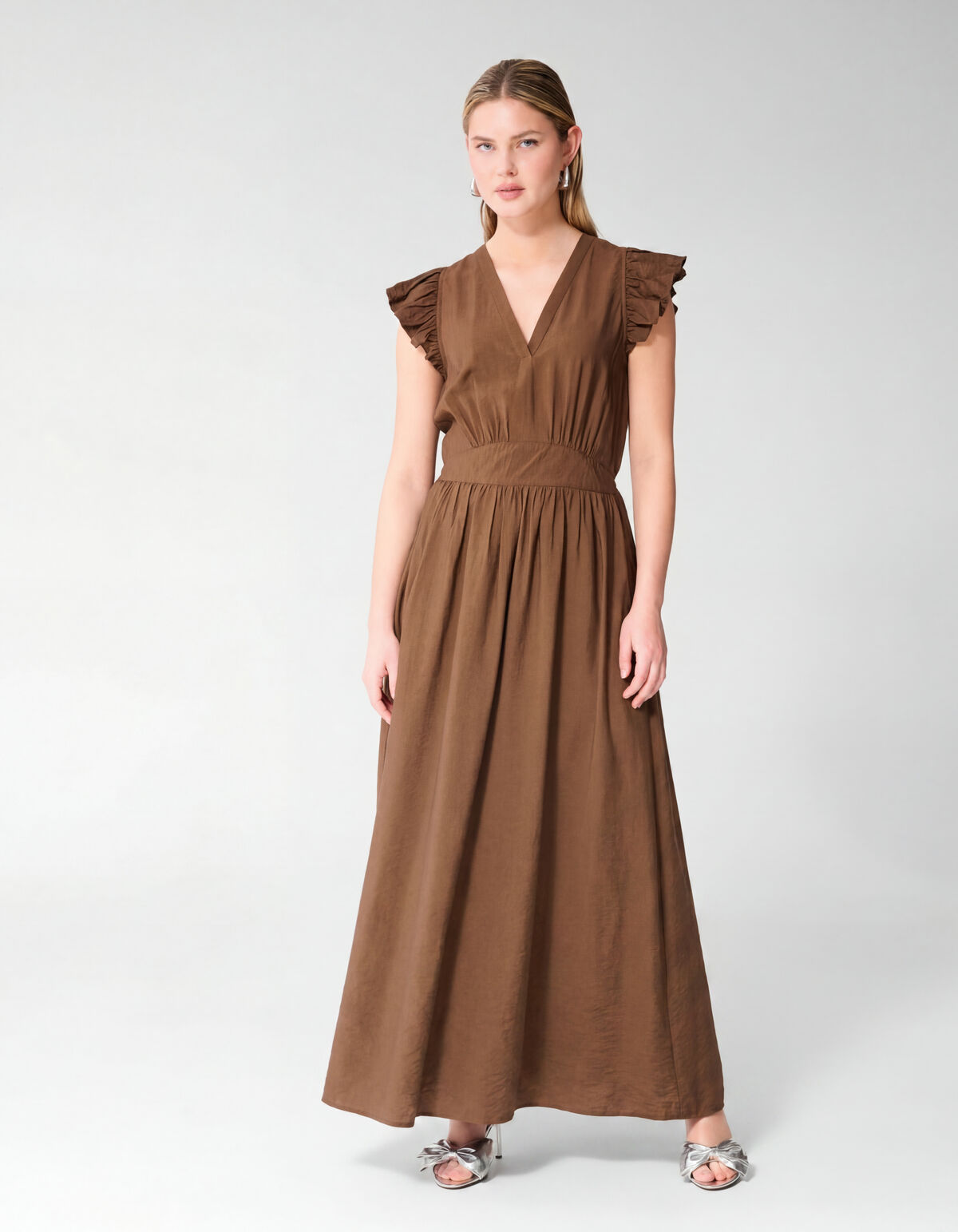 Ruffle V-hals Maxi Jurk Donkerbruin