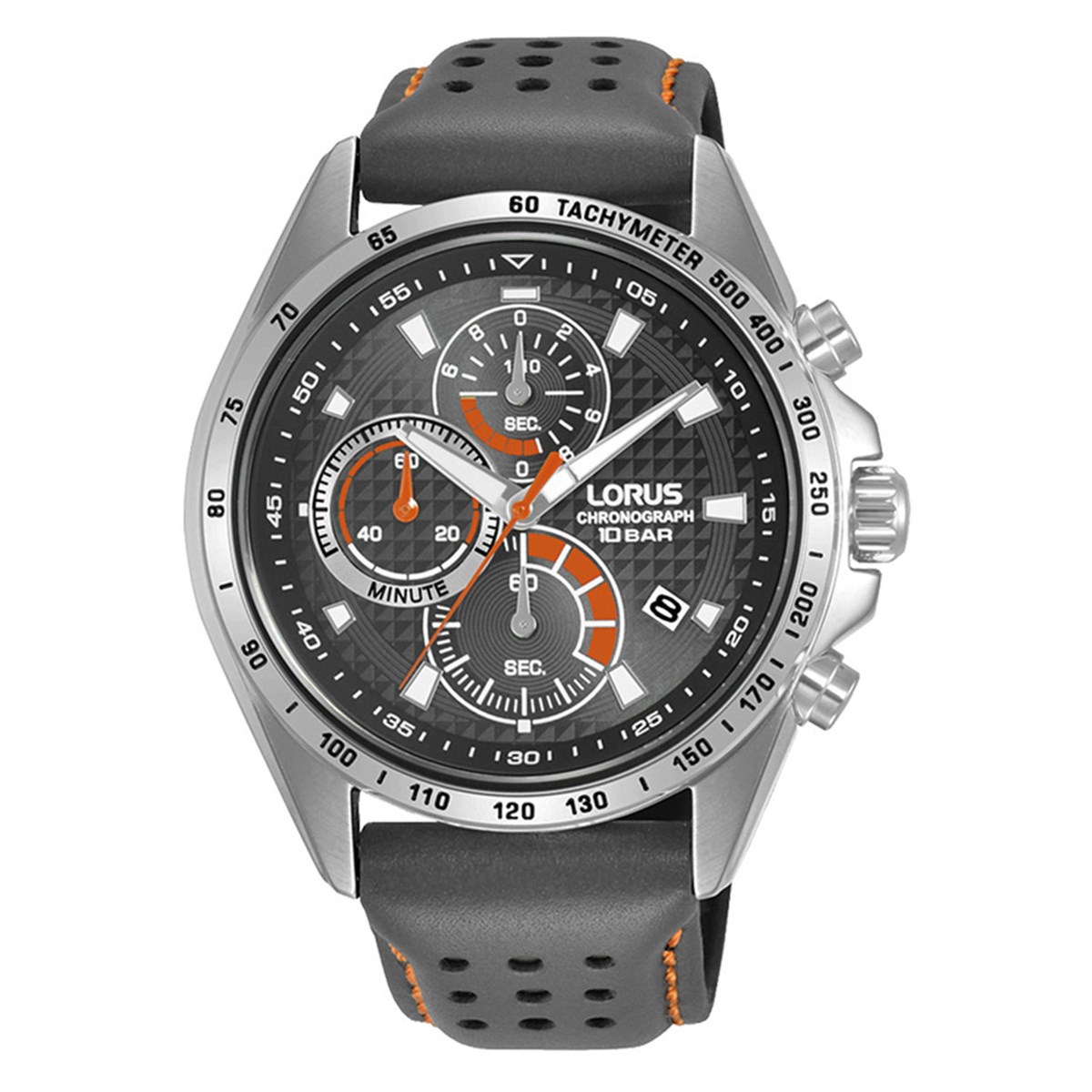Montre Lorus sport cuir gris cadran noir/orange