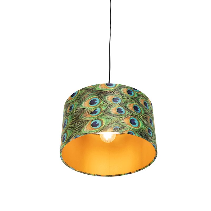 Hanglamp met velours kap pauw met goud 35 cm - Combi