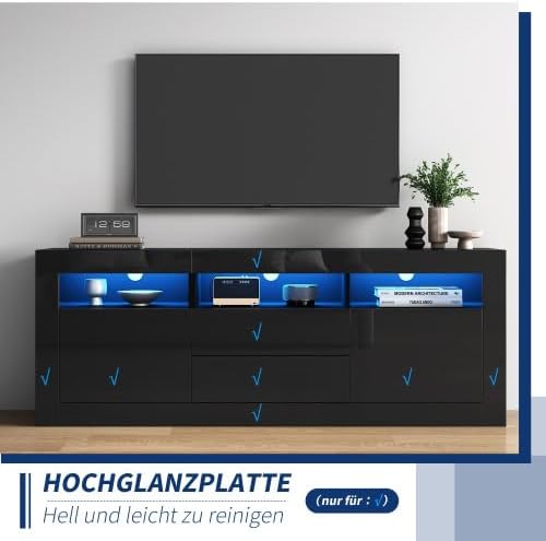 Merax TV Schrank Lowboard 160 cm mit Hochglanz-Optik, LED-Beleuchtung, Push-to-Open Schubladen, 3 offene Fächer & Stauraum für TV bis 70 Zoll – Modernes Wohnzimmer Möbel