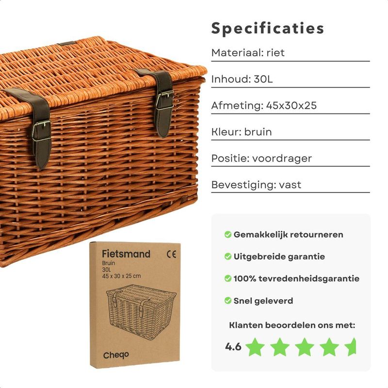 Cheqo - Fietsmand Riet - Bruin - 30L - Bakkersmand met Deksel en Riempjes