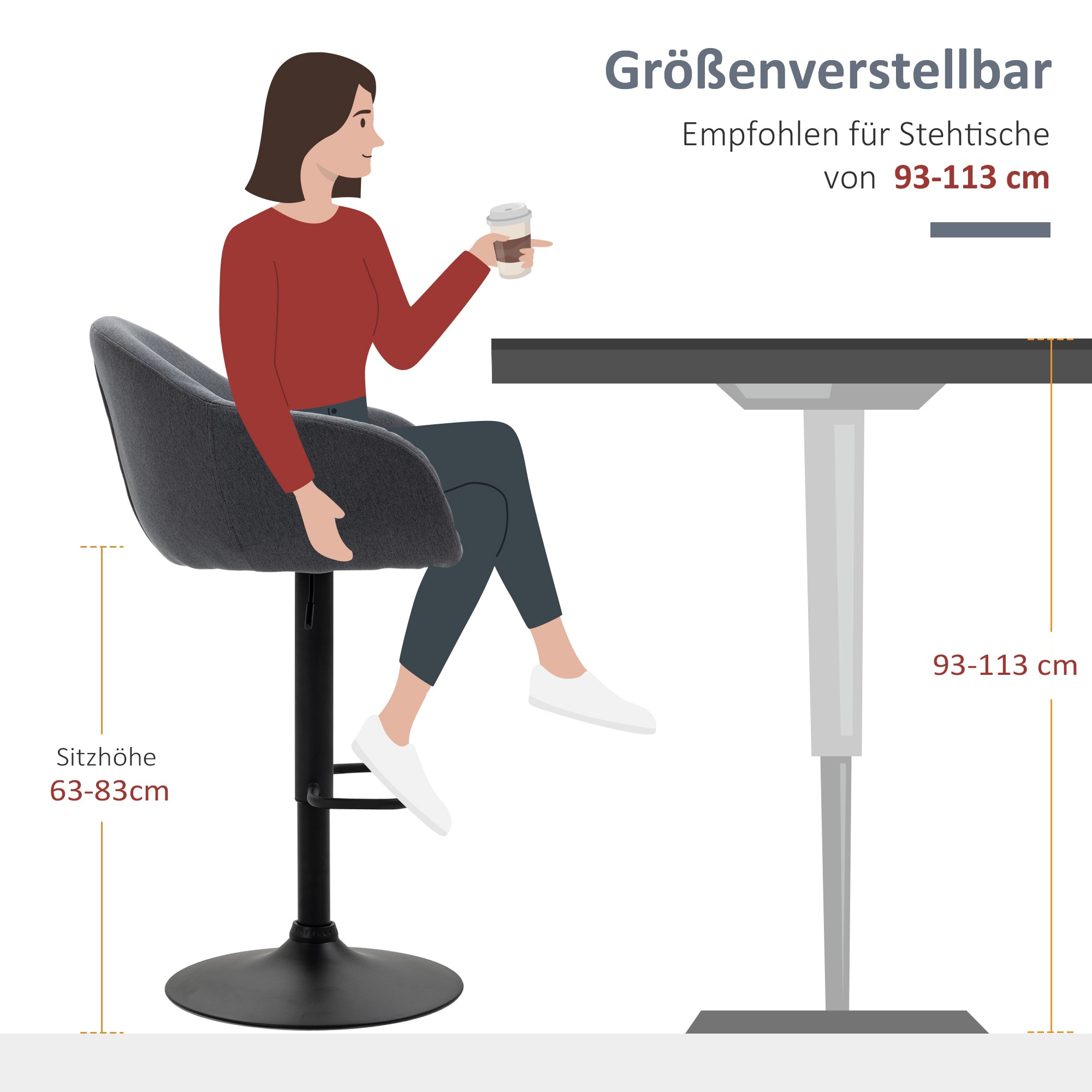 HOMCOM Barhocker mit Fußstütze grau 54L x 54B x 92-112H cm