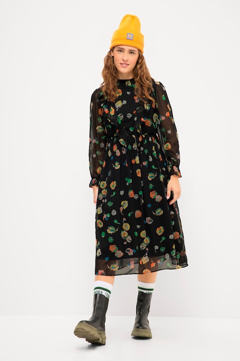Midikleid, A-Line, Flowerprint, Rüschen-Stehkragen, Langarm