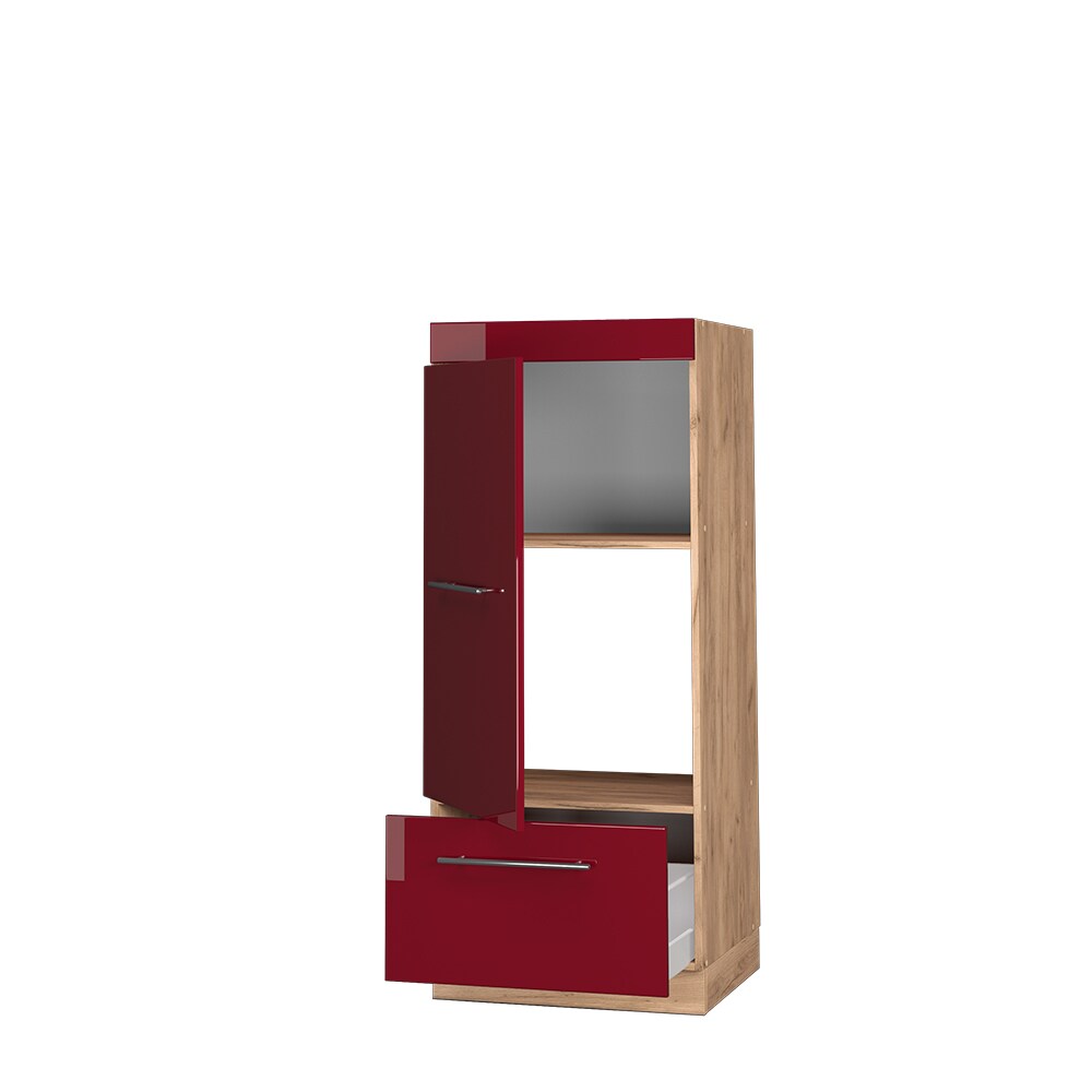 Vicco Mikrowellenumbauschrank Küchenschrank Küchenmöbel Fame-Line Eiche Bordeaux Rot 60 cm modern Hochglanz Küche Einbauküche Blende Hochschrank Schublade Mikrowelle Backofen Küchenzeile