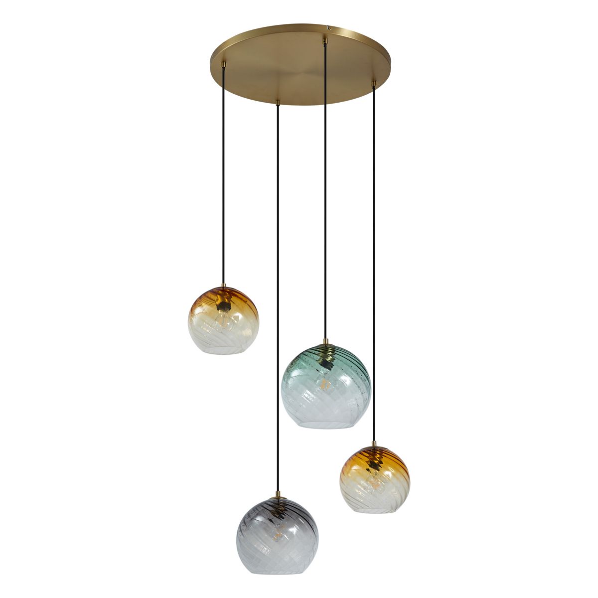 Hanglamp brons met smoke amber en groen glas rond 4-lichts - Bao