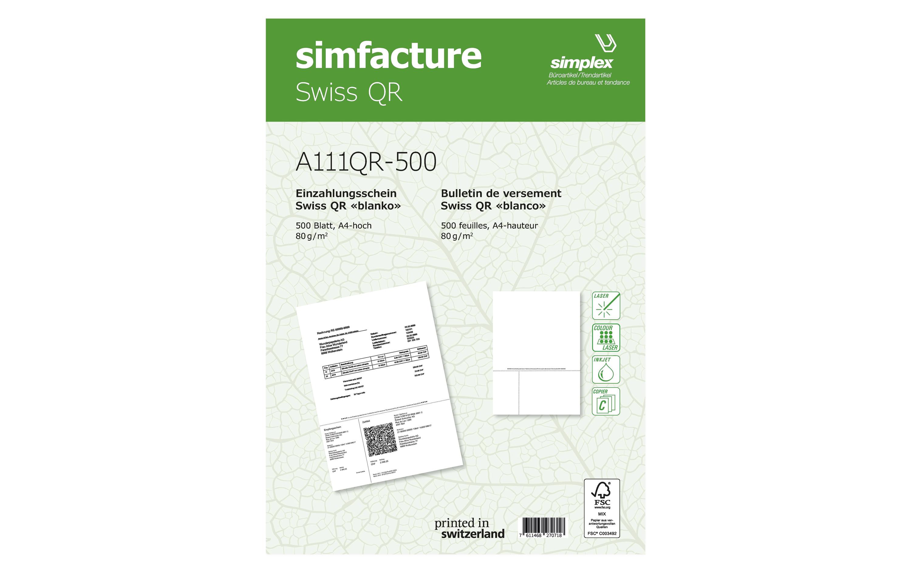 Einzahlungsschein Simfacture Swiss QR 1000 Blatt, WeissSWISS QR – Einzahlungsscheine