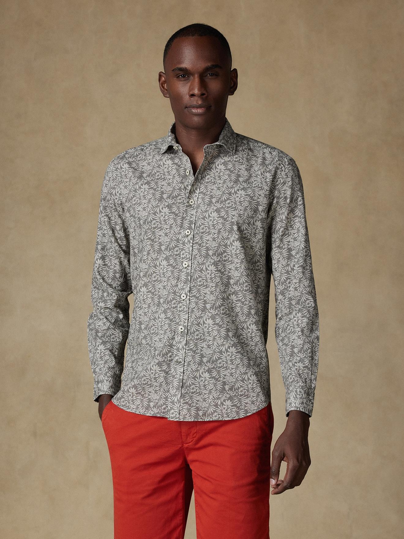 Chemise cintrée Spike en lin kaki à motif floral