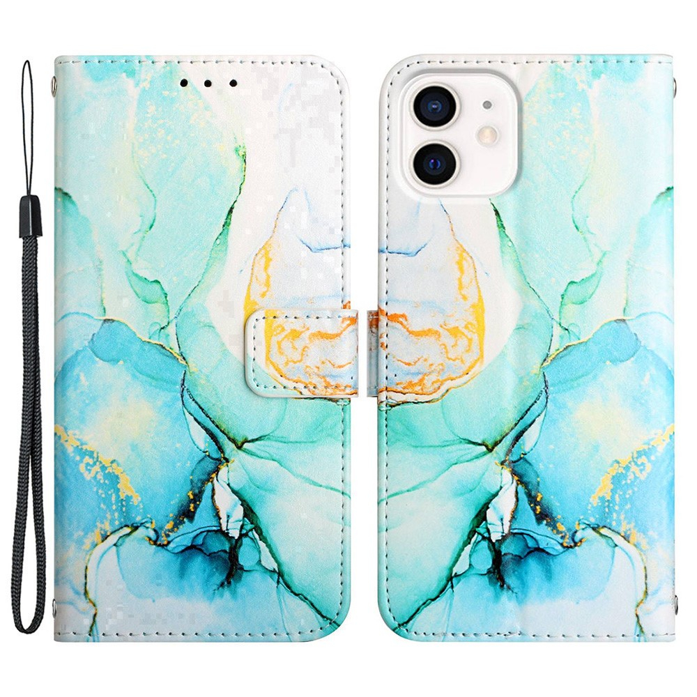 iPhone 12 / iPhone 12 Pro Leder Tasche mit Kartenfach   Handschlaufe Marble Marmor - Grün / Blau