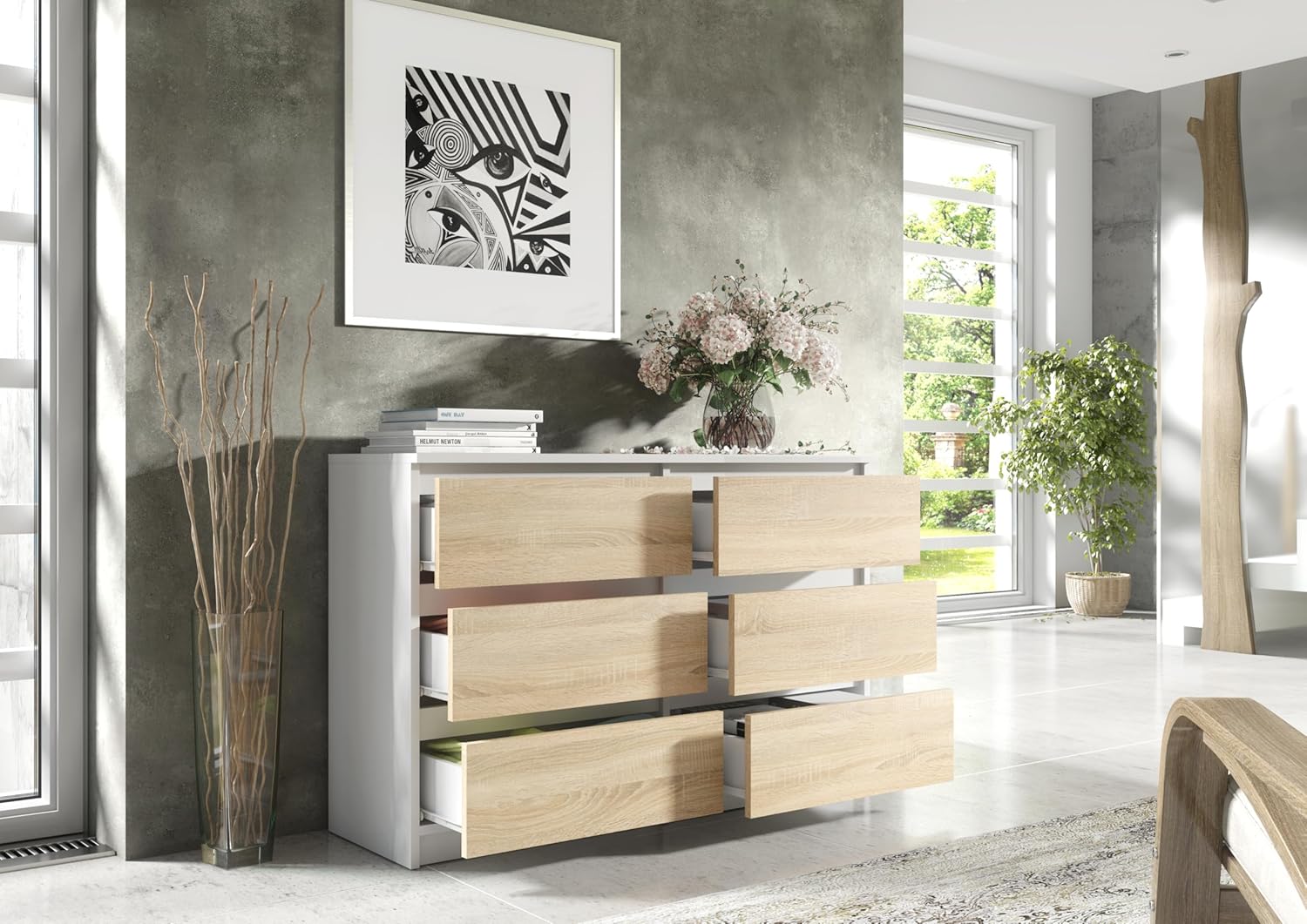 meble masztalerz Kommode Matt mit 6 Schubladen 140 cm, Sideboard Wohnzimmer, Kommode Schlafzimmer H: 78,5cm, B: 138,6 cm, T: 39 cm mit Schubladen, Schubladenschrank (Weiß Sonoma)