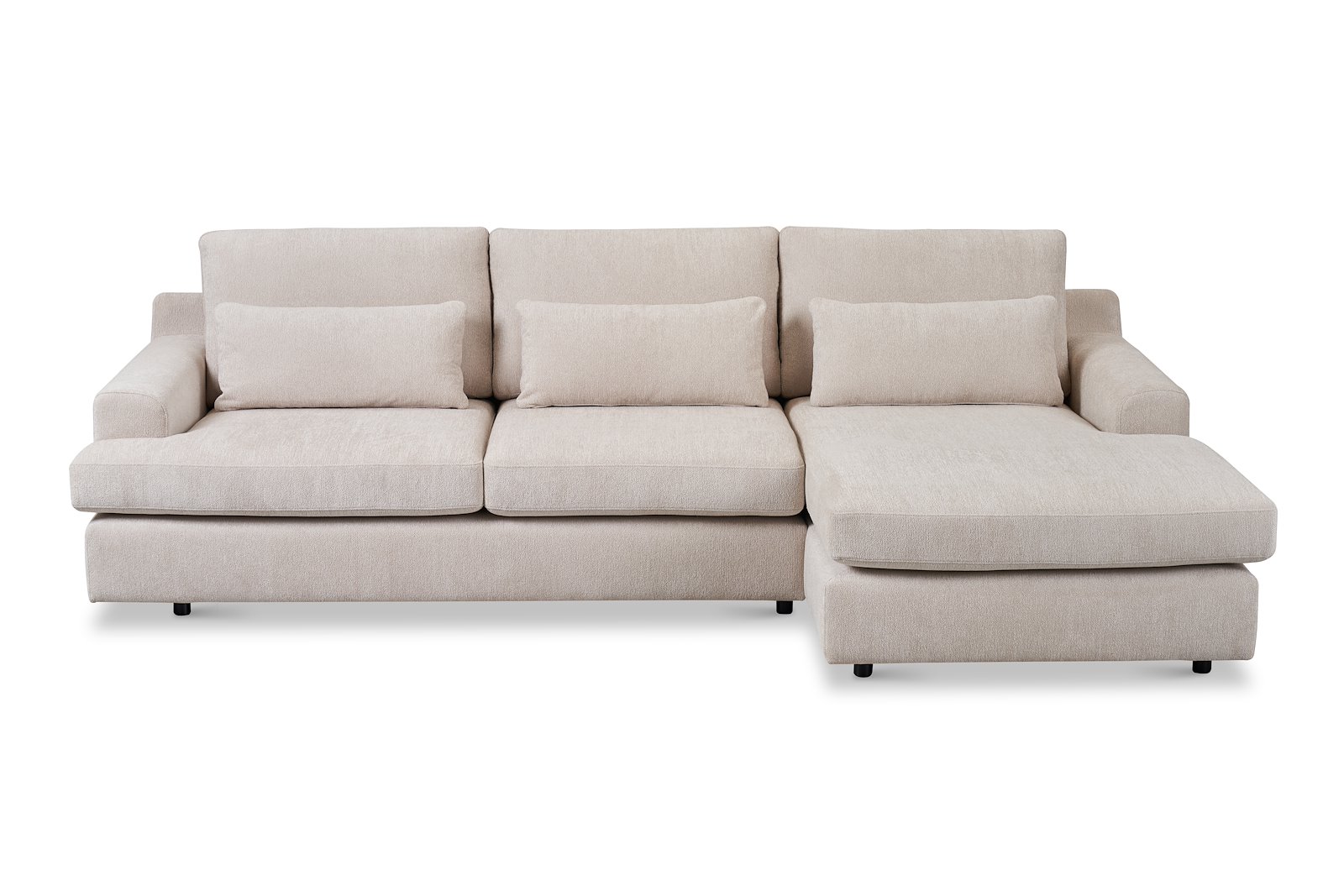 Roma Sofa 2,5-seter med sjeselong høyre. Tekstil Raven 24 Light Beige med sorte ben