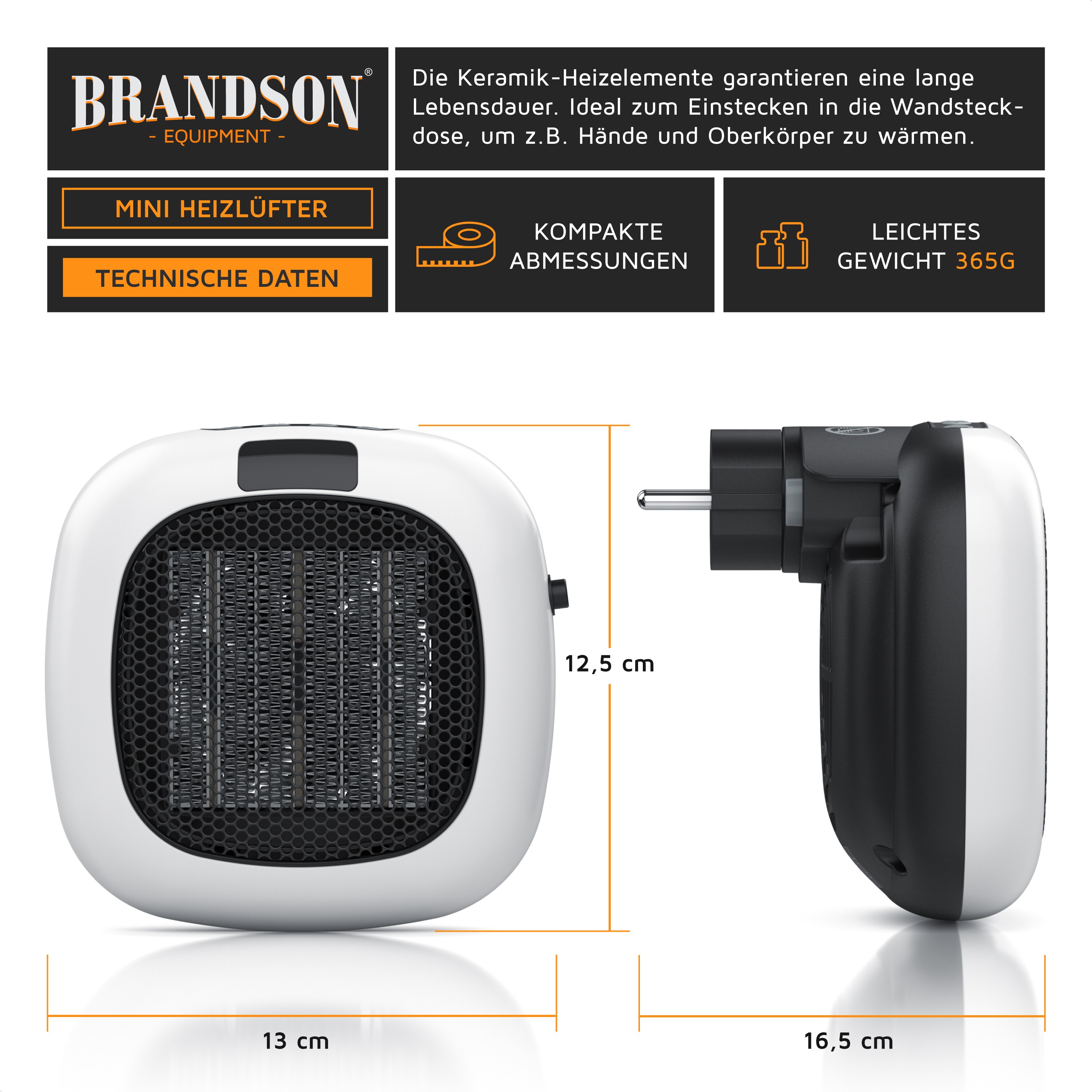 Brandson Steckdosen Heizlüfter 700W mit Fernbedienung, Thermostat, Timer 1-12 Stunden, Automatische Abschaltung, Überhitzungsschutz, Weiß
