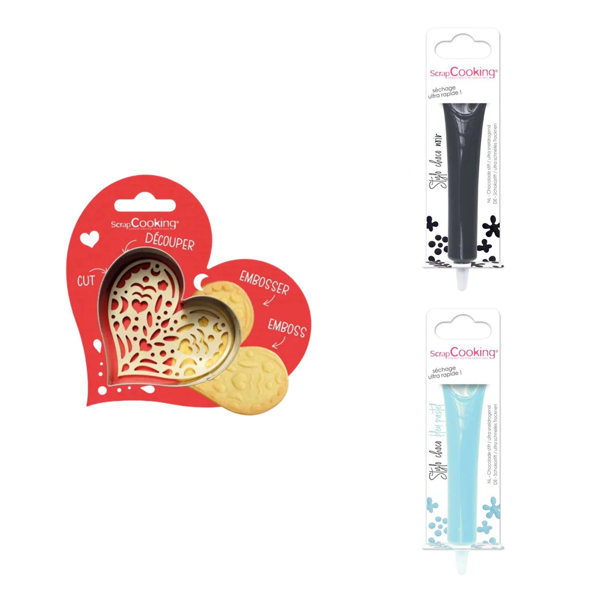 Kit pour biscuit en relief Coeur + 2 Stylos au chocolat noir et bleu p