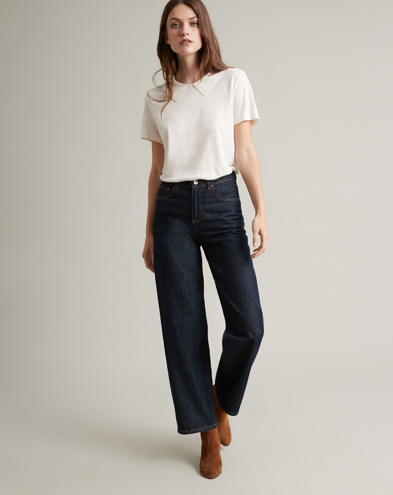 Cyrillus T-Shirt 100% Lin col claudine brodé blanc