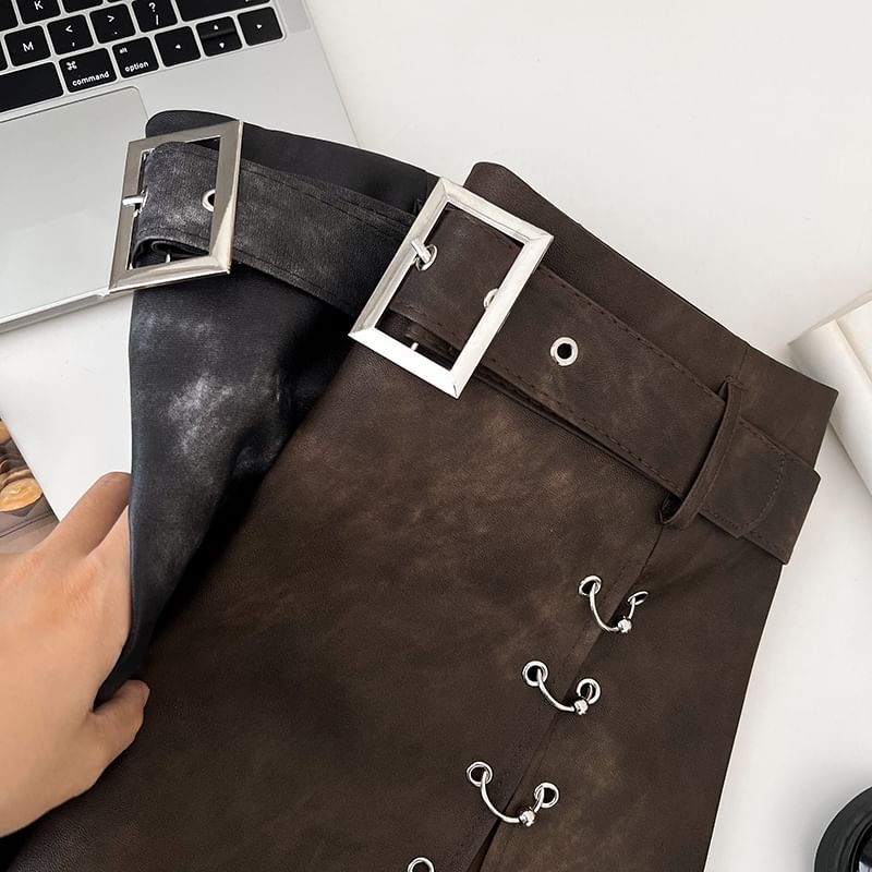 Babique - Set: Hoge taille imitatieleren ringrok met A-lijn + riem