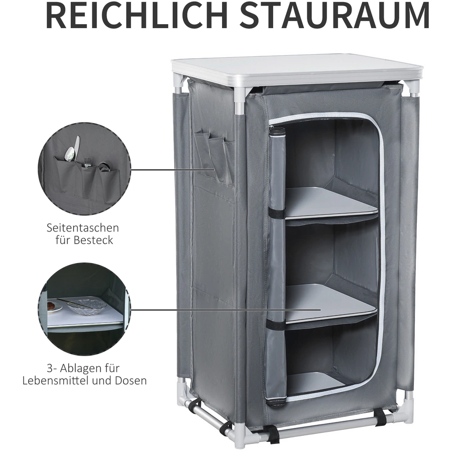 Outsunny 2in1Campingtisch mit Arbeitsplatte und Fächern grau