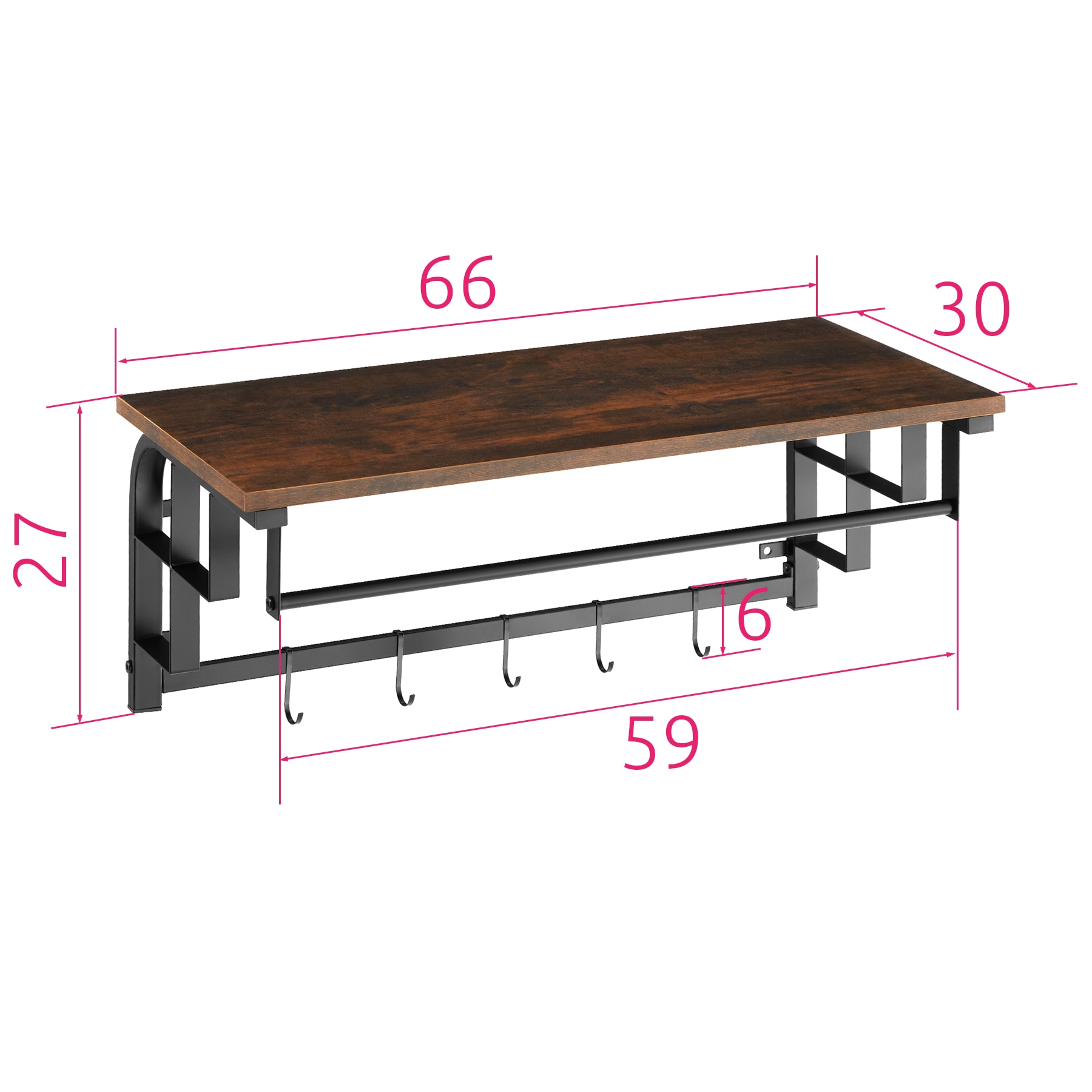 tectake® Wandgarderobe, Industrial Style, mit Ablage und 5 abnehmbaren Haken, 66 x 30 x 27 cm