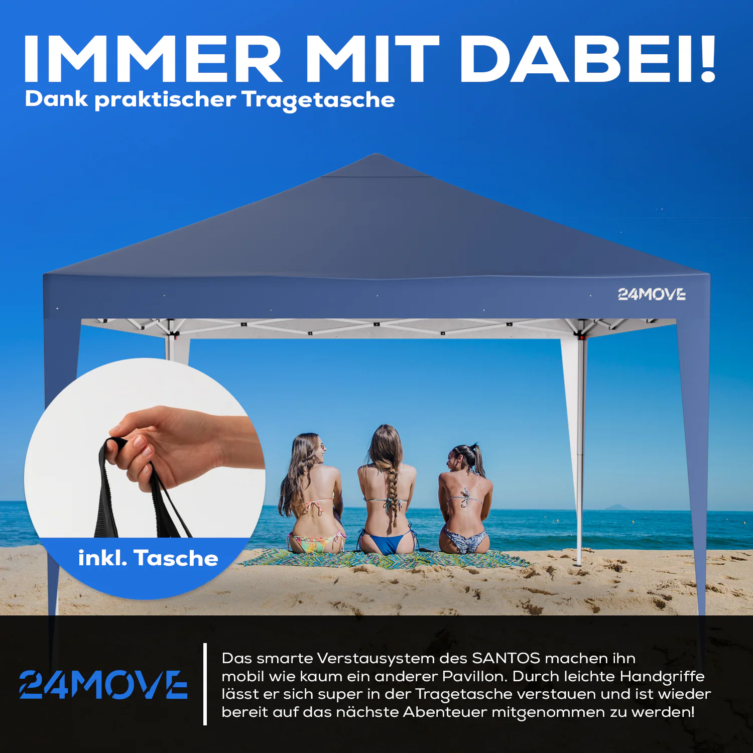 24MOVE® Pavillon Santos 3x3m Pop-Up UV-Schutz 50+ Wasserdicht & winterfest mit Tasche faltbar & stabil, für Camping & Garten Faltpavillon - Partyzelt Blaullon Faltpavillion SANTOS 3x3M Pop Up wasserdicht klappbar, blau