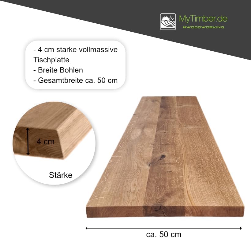 MyTimber® Waschtischplatte aus Eiche Massivholz | 4cm Starke Eichenbohlen | Ideal für Aufsatzwaschbecken | Baumkante oder gerade Kante (Gerade Kante - Gespachtelt & geölt, 60x50cm)