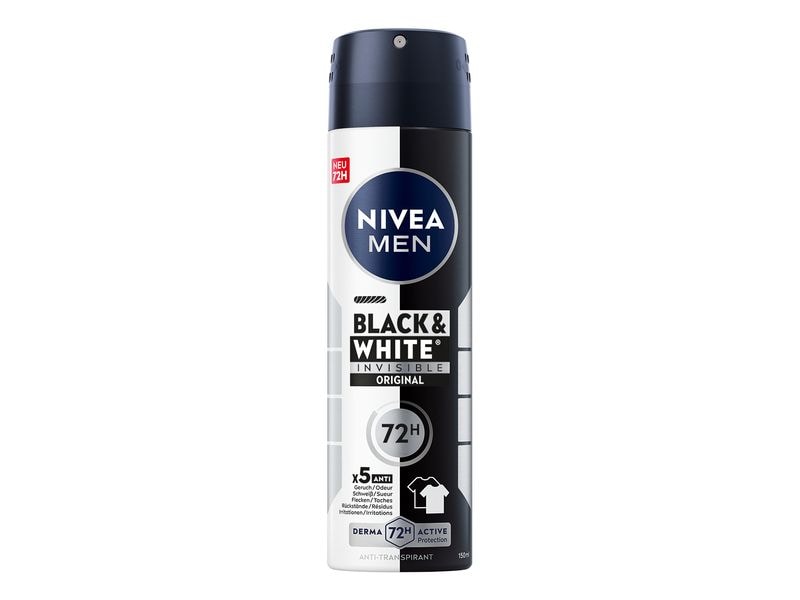 NIVEA MEN Deo Spray Black and White 150 ml Deo mit Anti-gelb Fleckenbildung auf weisser Kleidung, hinterlässt keine weissen Rückstände auf schwarzer Kleidung