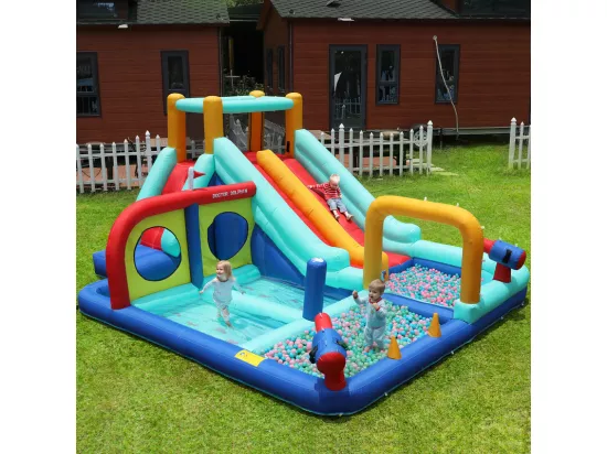 Château gonflable, parc aquatique, avec souffleur, 2 toboggan et pistolet à eau, 3 à 8 ans, 365x450x217cm