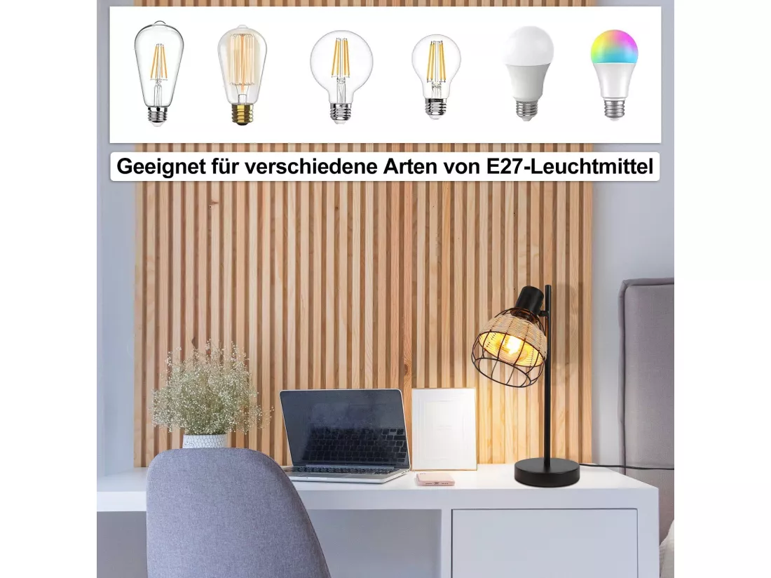 NETTLIFE Lampe de table Vintage Salon Noir - E27Bambou Pivotant Abat-jour avec interrupteur Max.40W - Sans ampoule
