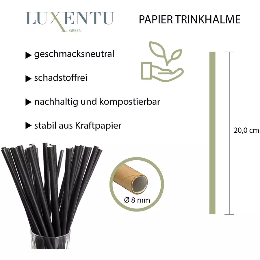Luxentu Papier-Trinkhalme Jumbo 20 cm 100er Set schwarz